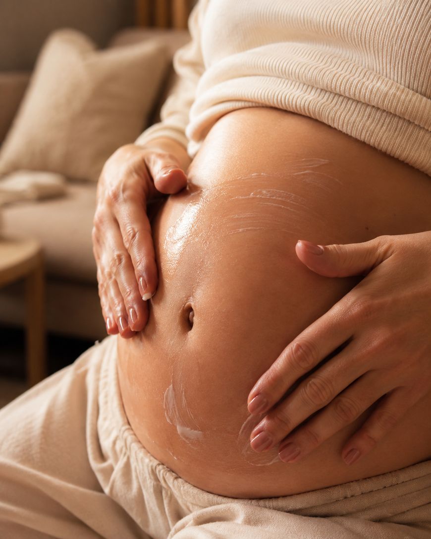 A close-up of a pregnant person sitting on a couch, wearing light-colored clothes, gently touching their bare belly with both hands while applying lotion. The background is softly blurred.