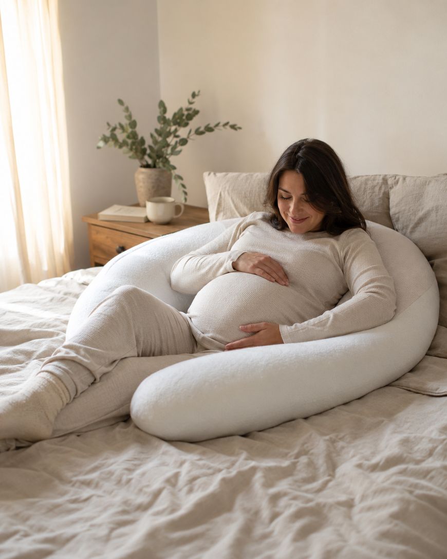 A pregnant woman in cozy beige pajamas relaxes on a bed, propped up by a large white body pillow. She is smiling gently and touching her belly, with soft natural light coming through a window nearby.