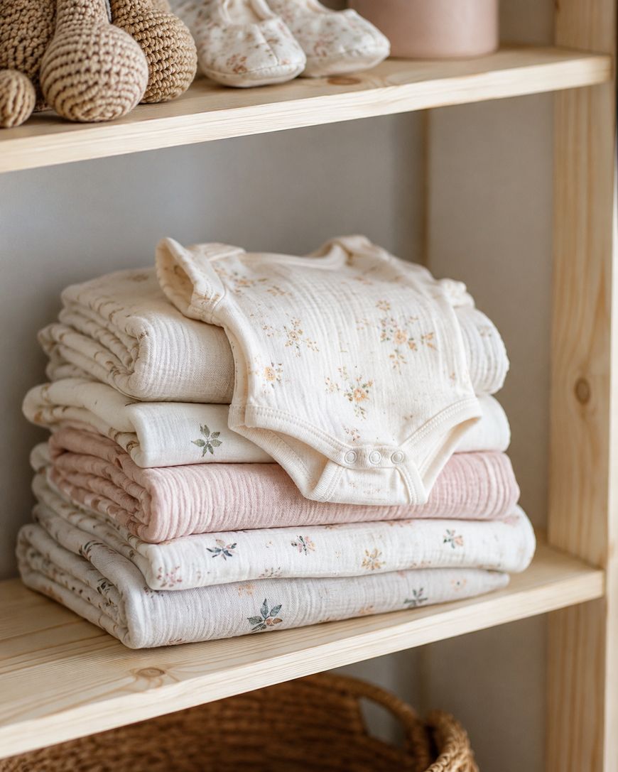 Stack of neatly folded baby clothes in soft pastel colors with delicate floral patterns, placed on a wooden shelf. Crocheted baby shoes and other items are visible on the shelf above.
