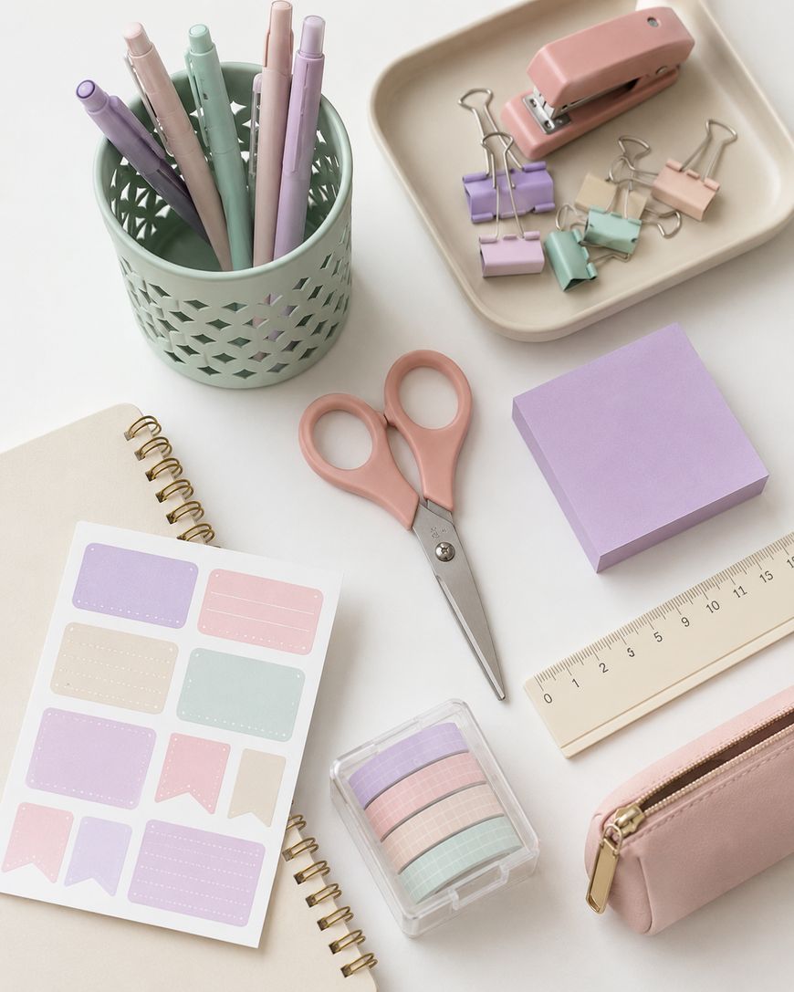 A flat lay of pastel-colored stationery, including pens, sticky notes, binder clips, washi tape, scissors, a ruler, a stapler, a sticker sheet, spiral notebooks, and a pink pencil case on a white surface.