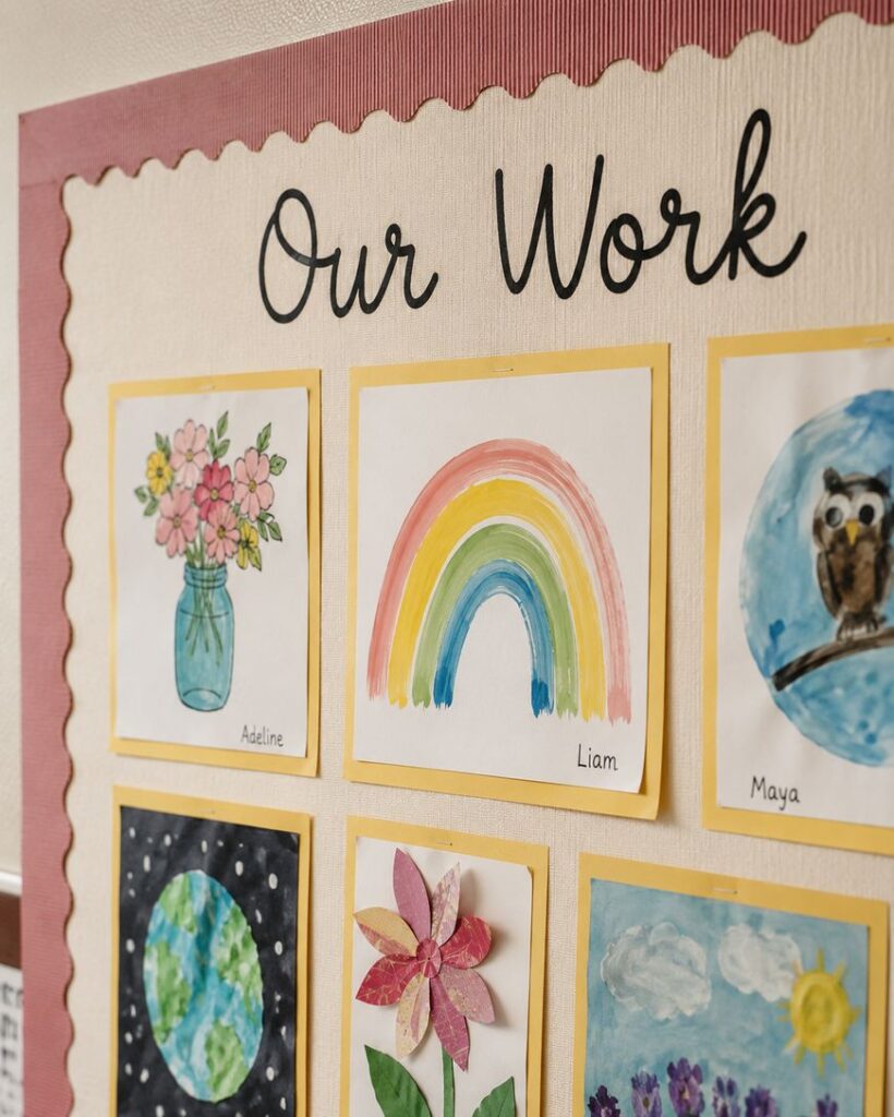 A classroom bulletin board displays childrens artwork, including a flower vase, a rainbow, an owl, Earth, and a flower. The board is titled Our Work and each piece is labeled with a childs name.