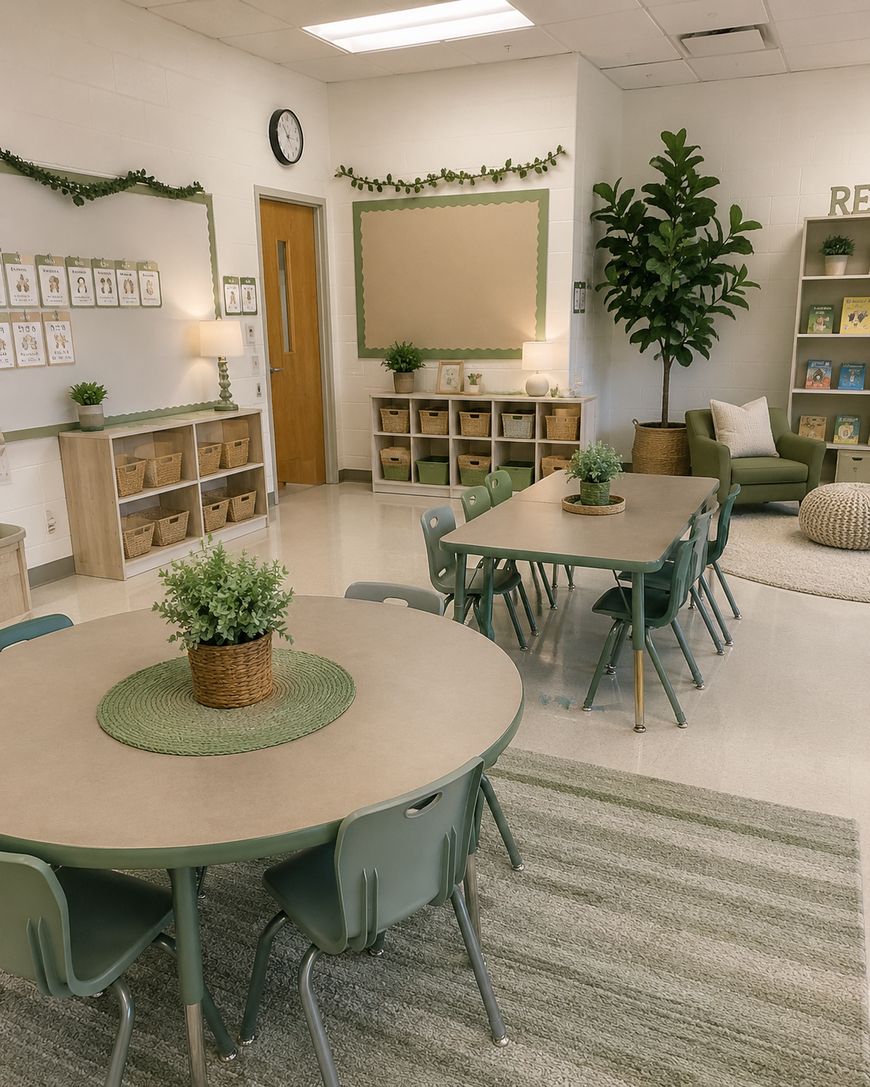 A tidy, modern classroom with round and rectangular tables, green chairs, shelves with baskets, wall decor, plants, and a cozy reading corner with a couch and a bookshelf. The room has a calm, natural color palette.