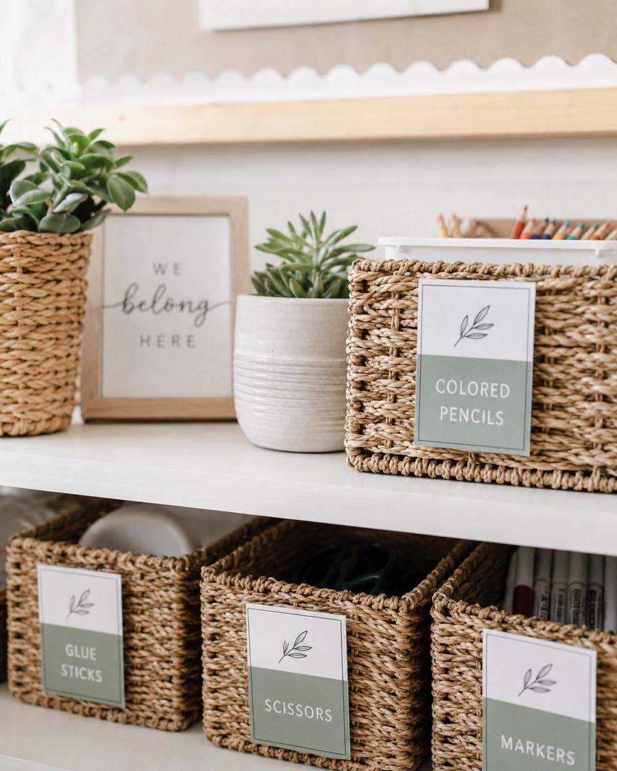 Wicker baskets labeled “Colored Pencils,” “Glue Sticks,” “Scissors,” and “Markers” sit on white shelves near potted plants and a framed sign that says “We belong here.”.