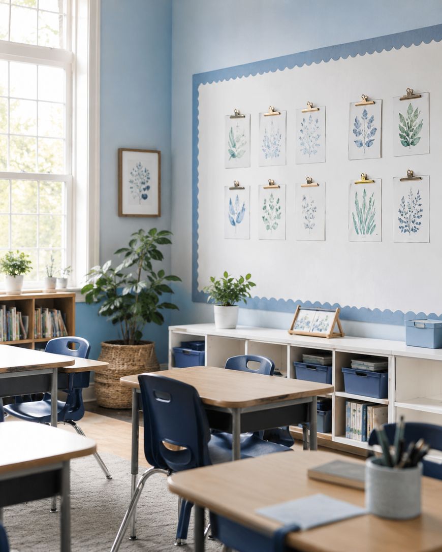 A bright classroom with blue walls, several desks and chairs, plants, bookshelves, and botanical artwork displayed on the wall. Sunlight streams in through large windows, creating a calm and inviting atmosphere.