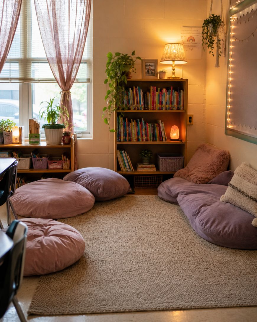 A cozy classroom reading nook with floor cushions, a rug, bookshelves filled with books, potted plants, soft lighting, string lights, and a window with sheer curtains letting in natural light.