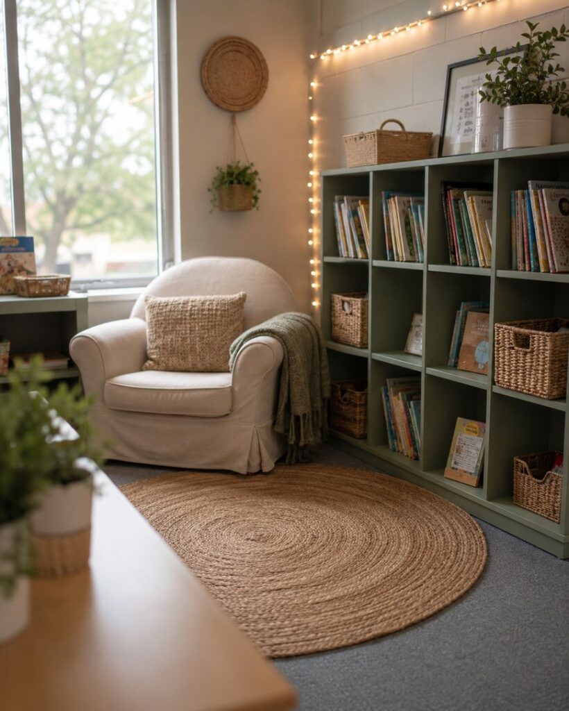 A cozy reading nook features a cushioned armchair with a pillow and blanket, a round woven rug, a bookshelf filled with books and baskets, potted plants, and string lights, near a large window.