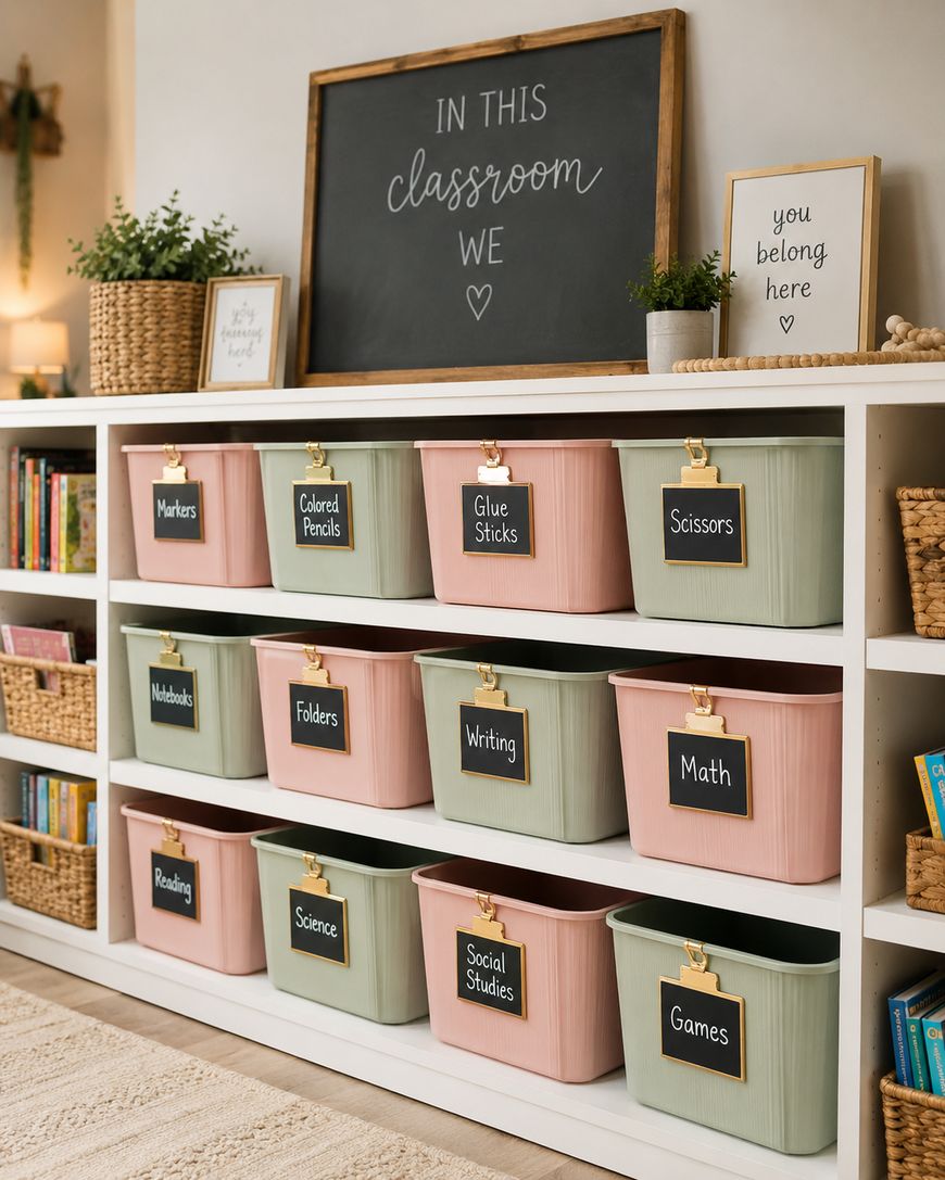 A classroom shelf with green and pink storage bins labeled for supplies and subjects like markers, math, and reading. A chalkboard reads In this classroom we and small decor items are displayed on the shelf.