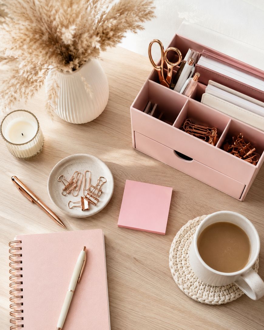 A neatly organized desk with a pink notebook, pen, sticky notes, a cup of coffee, a candle, a vase with dried pampas grass, and a pink organizer holding stationery items like scissors, pens, and paper clips.