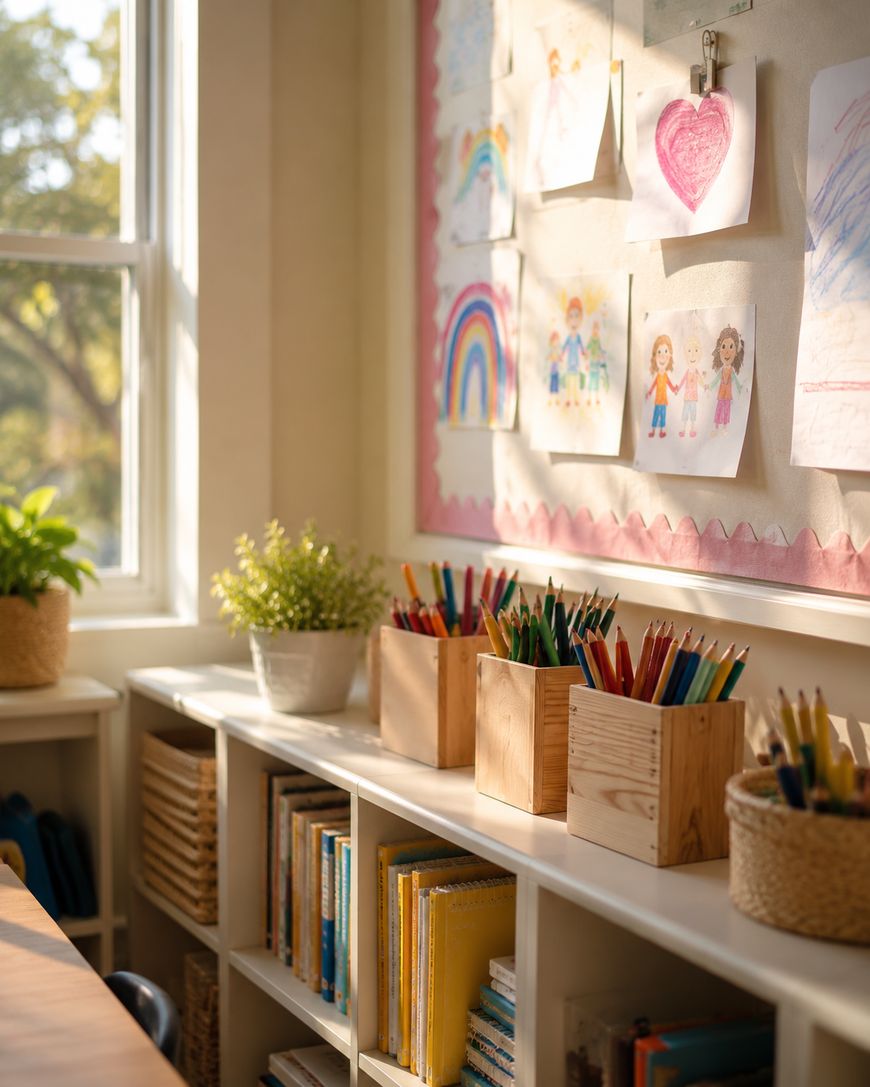 A classroom corner with sunlight streaming through a window, children’s drawings on the wall, potted plants, wooden containers filled with colored pencils, and neatly arranged books on white shelves.