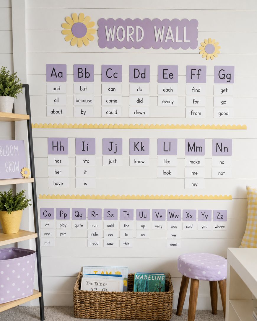 A classroom word wall with letters A–Z in purple blocks, each paired with common words. Below, baskets hold books, and a small stool with a purple polka-dot cushion sits beside a plant and shelves with classroom decor.