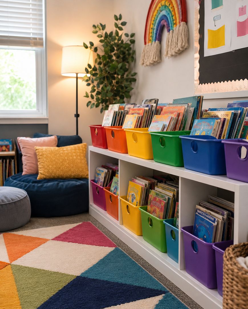 Colorful classroom reading corner with rainbow bins filled with books on white shelves, a rainbow wall hanging, geometric rug, a cozy chair with pillows, and a floor lamp next to a leafy plant.