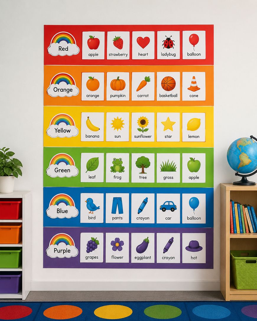 A colorful classroom wall chart displays six rows for colors: red, orange, yellow, green, blue, and purple, with matching objects and words pictured under each color, such as apple, pumpkin, banana, and frog.