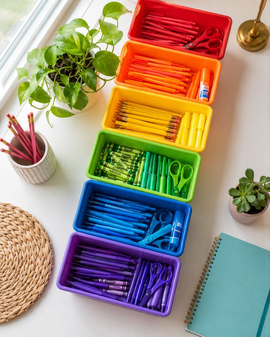 Seven colorful bins are arranged in a rainbow order, each holding matching colored school supplies like pencils, markers, scissors, crayons, and glue. Nearby are potted plants, a notebook, and a cup with pink pencils.