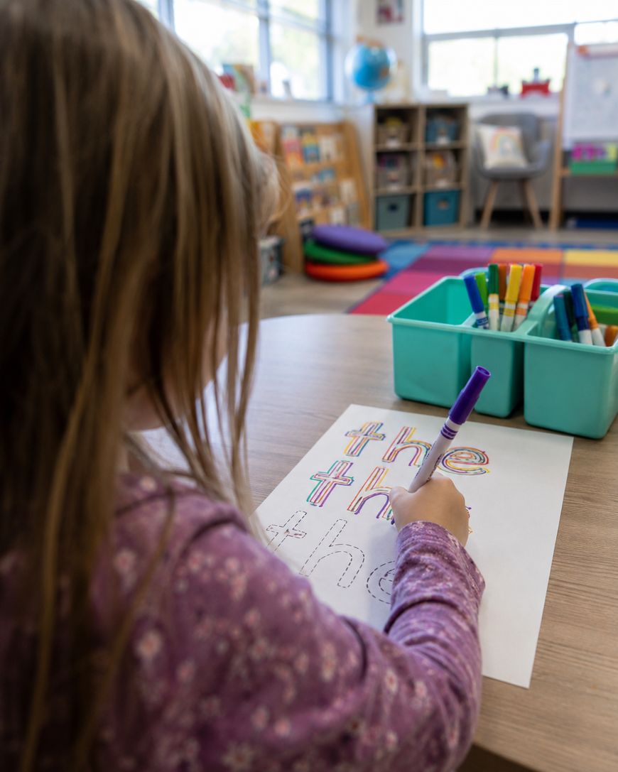 A young child in a purple shirt uses a marker to trace the word the on a worksheet at a classroom table, with colorful markers and classroom supplies in the background.