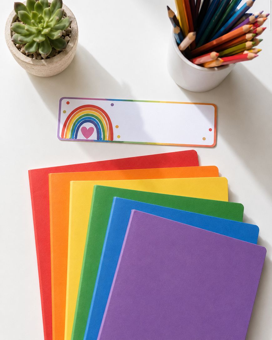 A set of six notebooks in rainbow colors is arranged on a white surface near a succulent plant, a cup of colored pencils, and a bookmark decorated with a rainbow and pink heart.