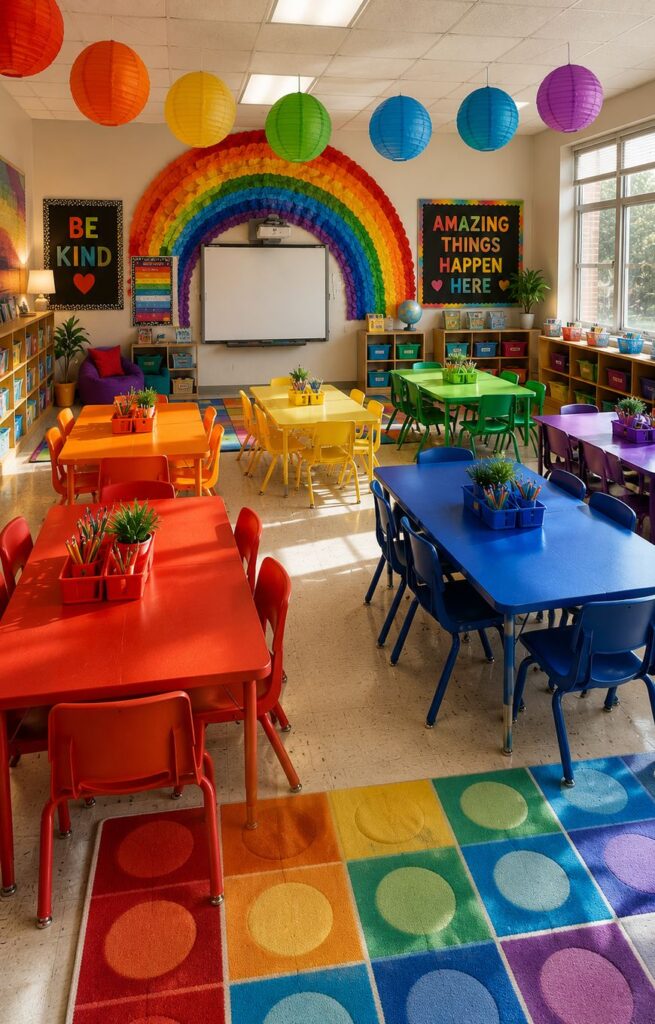 Colorful classroom with rainbow decor, bright tables and chairs in red, orange, yellow, green, and blue. Paper lanterns hang from the ceiling. Signs say Be Kind and Amazing things happen here. Bookshelves line the walls.