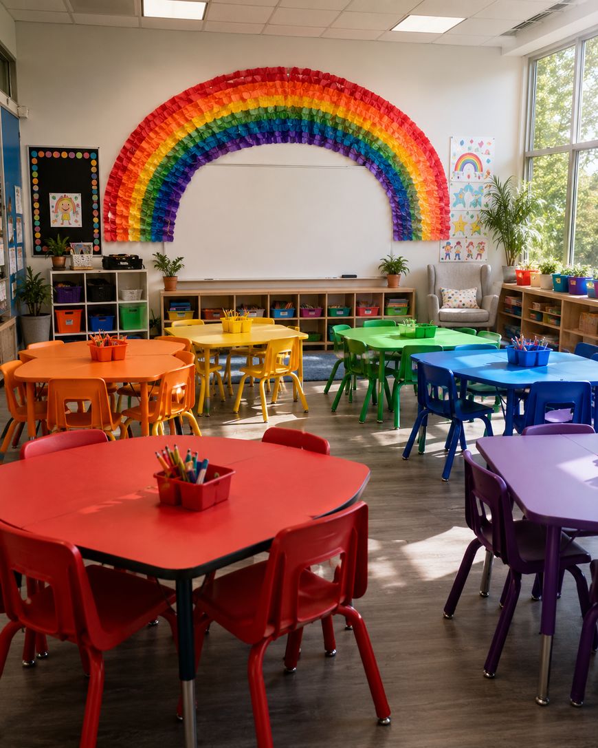 A brightly lit classroom with round tables and chairs in red, orange, yellow, green, blue, and purple. A large rainbow decoration hangs on the wall above shelves with books and plants. Art supplies are on each table.