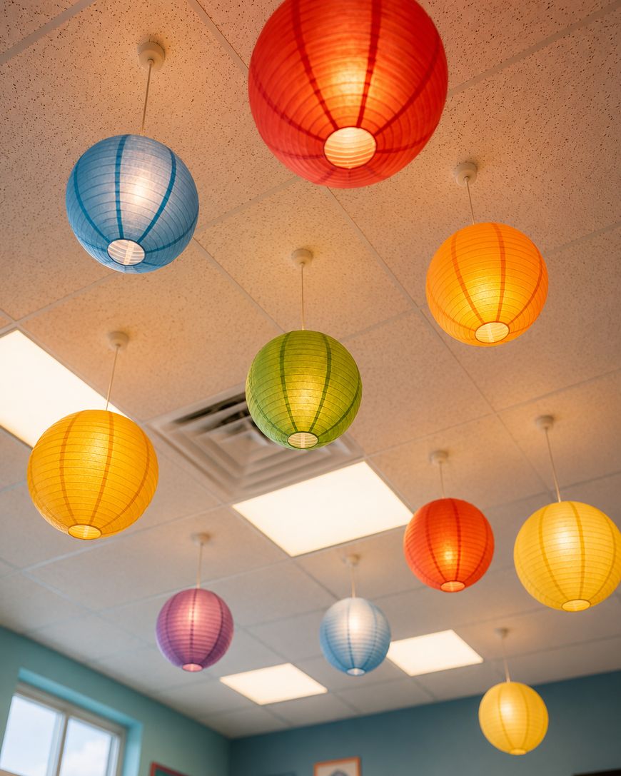 Colorful paper lanterns in red, orange, yellow, green, and blue hang from a ceiling with fluorescent lights, creating a bright and cheerful atmosphere in a room with light blue walls.