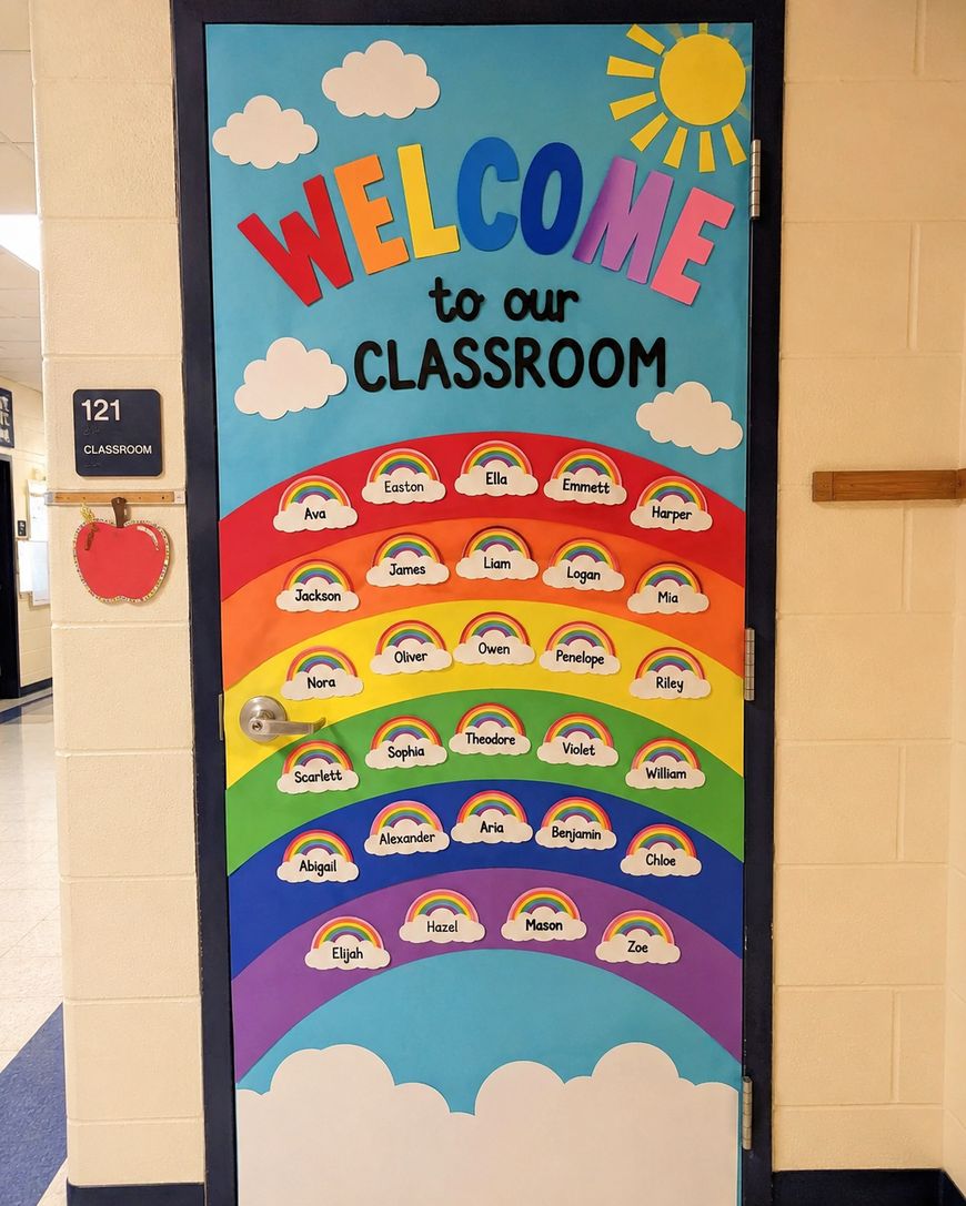 A classroom door decorated with colorful rainbows, clouds, and a sun. WELCOME to our CLASSROOM is written at the top, and student names are displayed on clouds under the rainbows. A sign reads 121 CLASSROOM with a red apple beside it.
