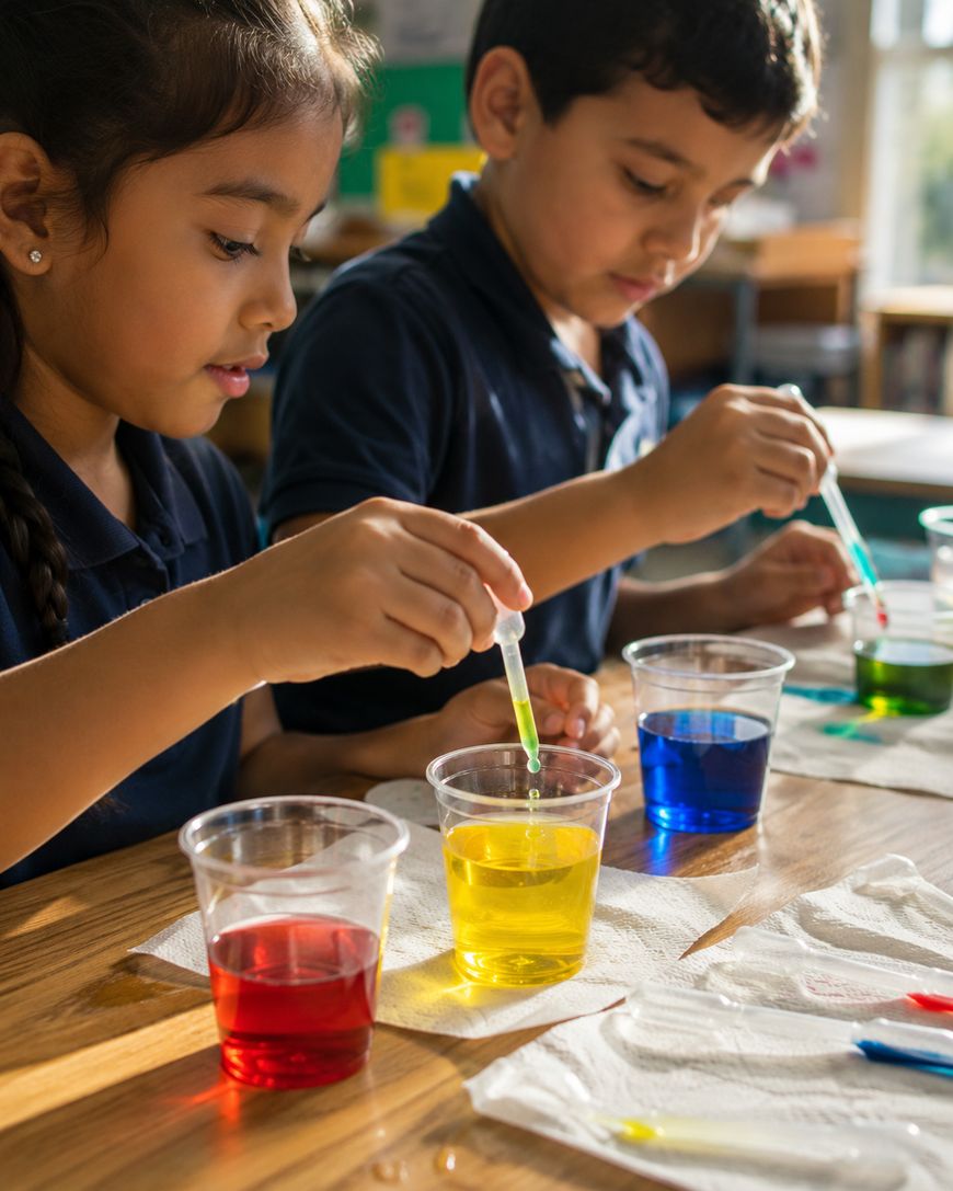 Two children use droppers to mix colored liquids in clear plastic cups during a science activity at a classroom table, with sunlight coming through the window.