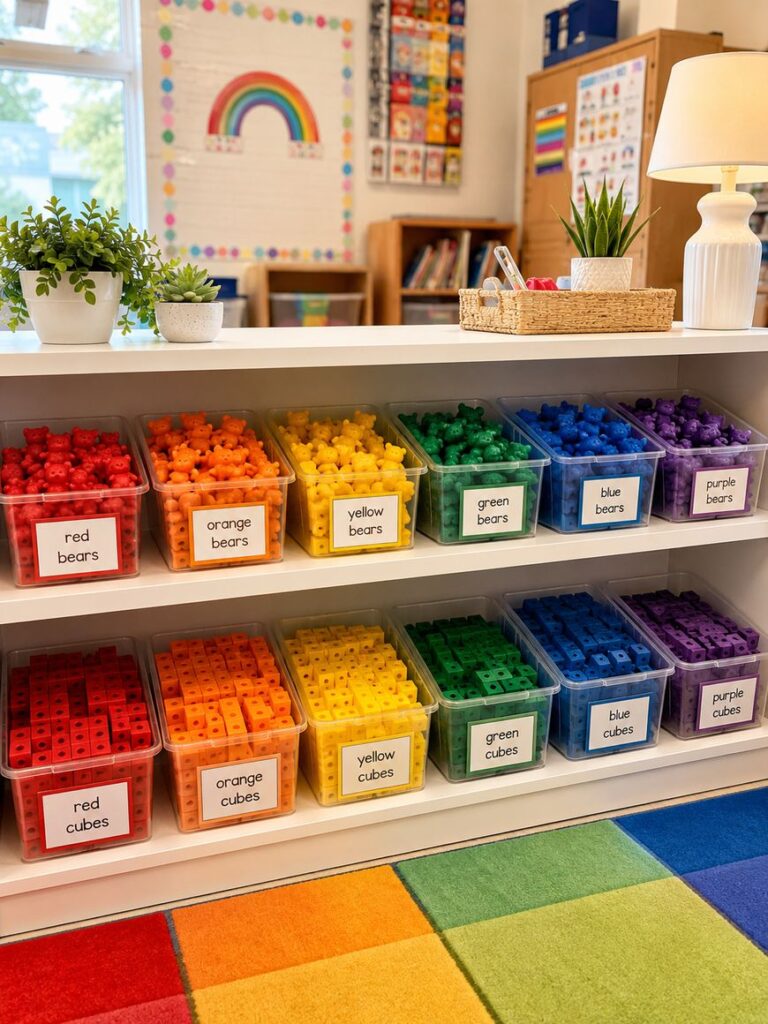A classroom shelf holds clear bins of red, orange, yellow, green, blue, and purple counting bears and cubes, each labeled by color. A colorful rug and rainbow poster are visible in the bright, organized room.
