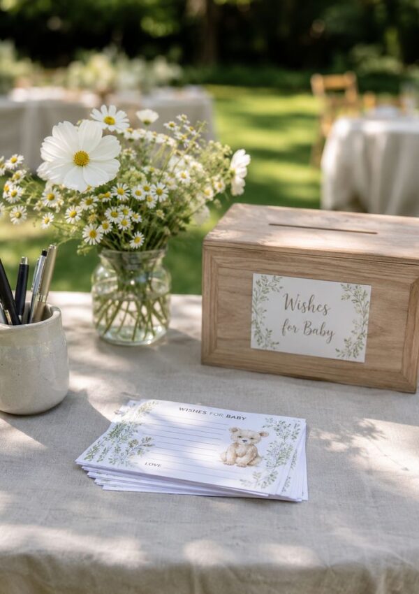 A table with a wooden Wishes for Baby box, a vase of white daisies, pens, and floral cards labeled Wishes for Baby—perfect inspiration for Summer Baby Shower Ideas—set outdoors with blurred tables in the background.