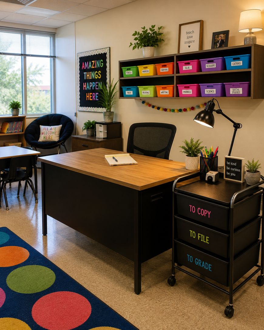 A colorful, organized classroom with a wooden teacher’s desk, rainbow bins on a wall shelf, a black rolling cart, bright decor, and a large window letting in natural light. A colorful rug and motivational signs add a cheerful touch.