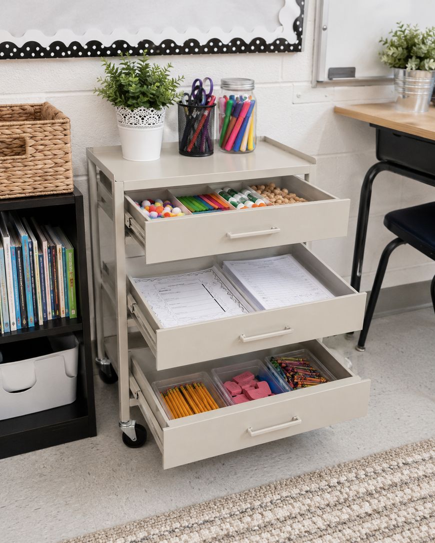 A beige rolling cart with three open drawers holds craft supplies, notebooks, pencils, erasers, markers, and pom-poms. On top are a plant and jars with pens and scissors. The cart is beside a bookshelf in a classroom.