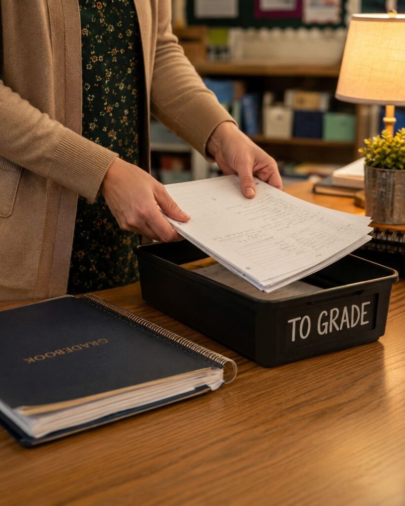 A person stands at a desk, placing papers into a black bin labeled TO GRADE. A gradebook, lamp, and small plant are also on the desk. The setting appears to be a classroom.
