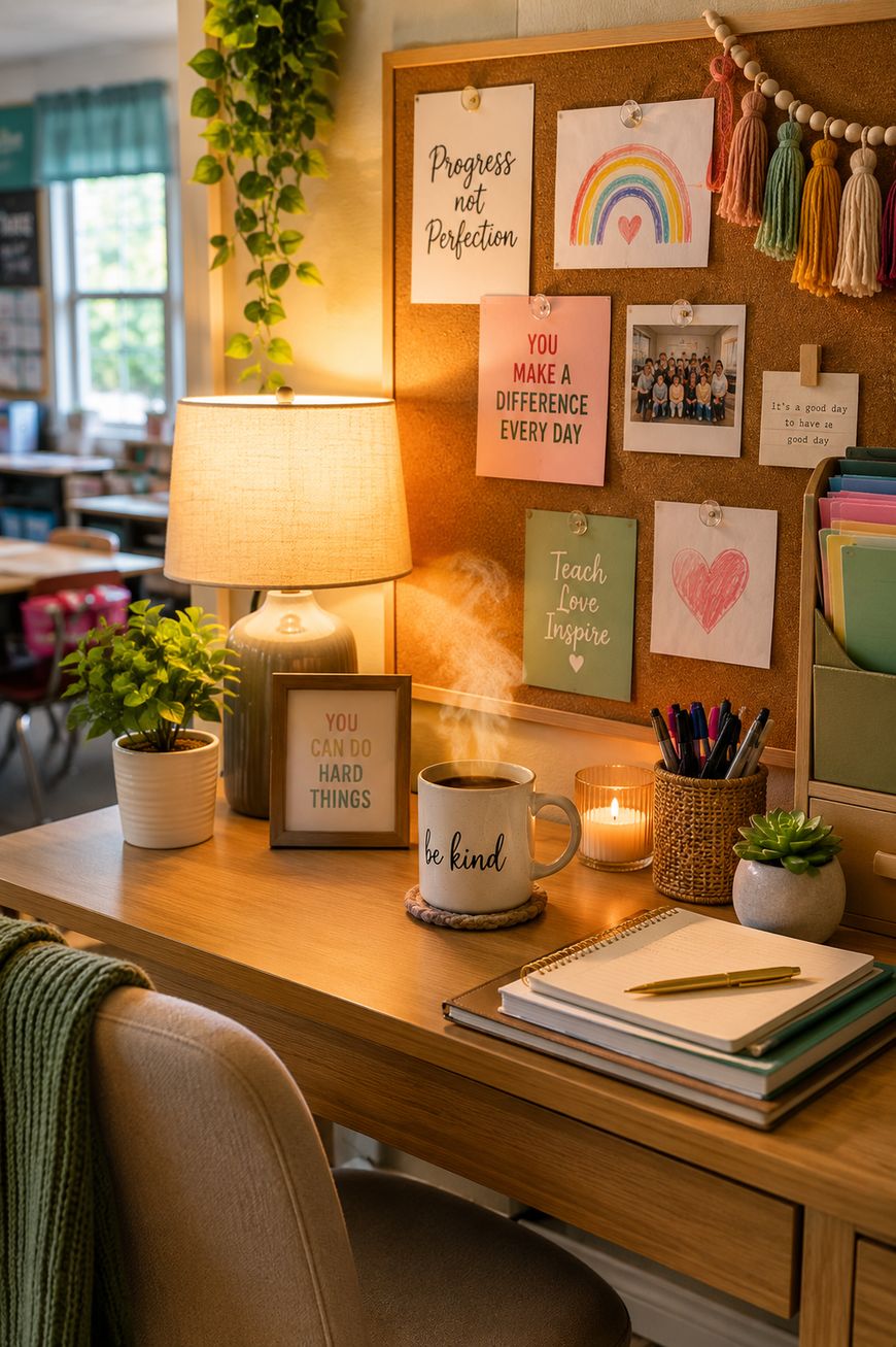 A cozy desk with a lamp, plants, a steaming mug labeled be kind, notebooks, and a corkboard displaying motivational quotes, drawings, and photos in a warmly lit, inviting room.