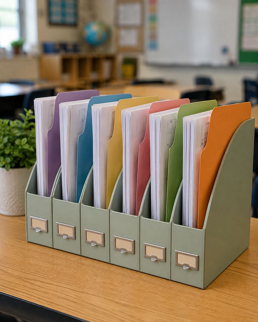 Five vertical file holders on a classroom desk contain colorful folders—blue, yellow, green, orange, and red—each holding papers. A plant, globe, and classroom furniture are visible in the background.