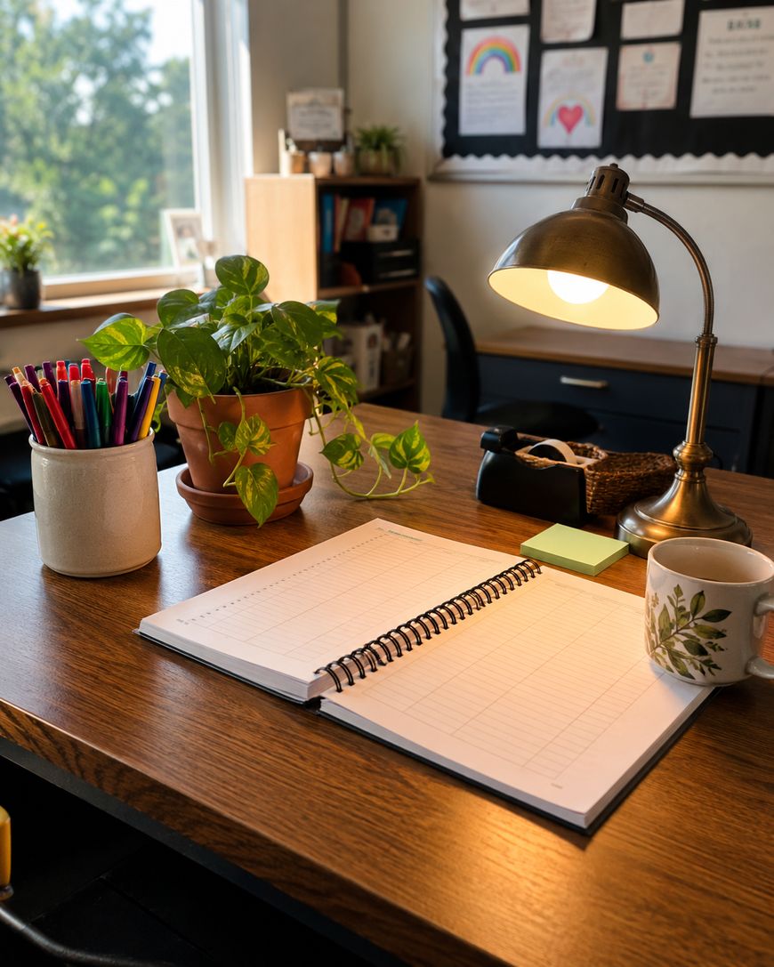 A tidy wooden desk with an open planner, pens in a cup, a potted plant, a mug, sticky notes, and a lit desk lamp, set near a window with sunlight. Classroom wall decorations are visible in the background.