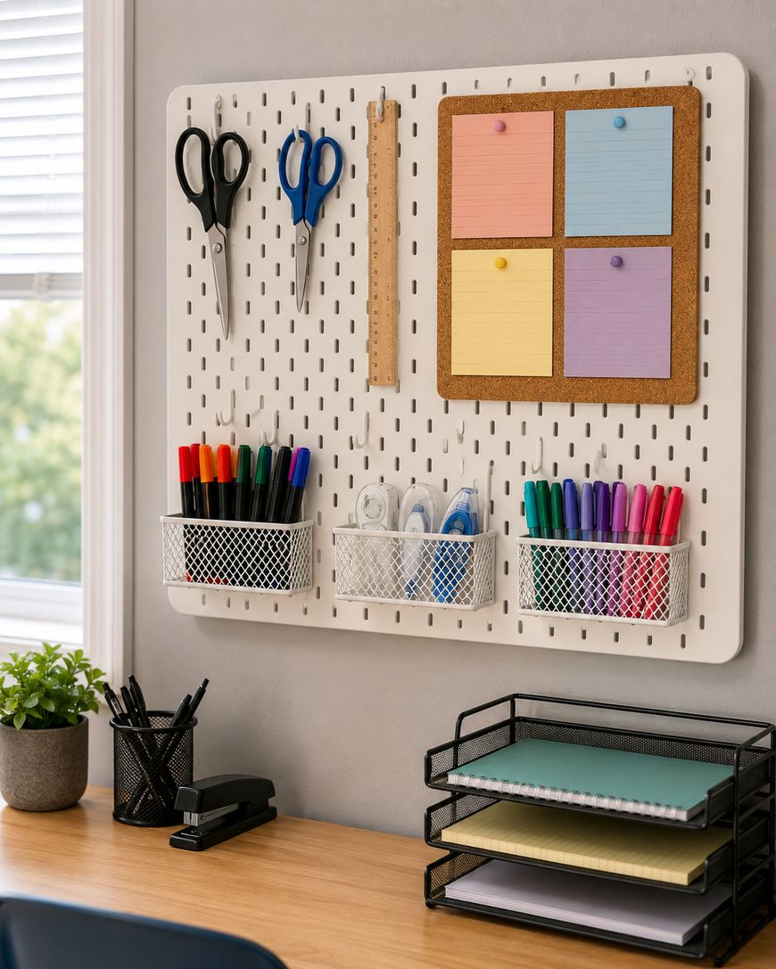 A white pegboard above a desk holds scissors, a ruler, colorful pens, and markers in baskets. Sticky notes and a corkboard are pinned to the pegboard. On the desk are a plant, stapler, and file trays with paper.