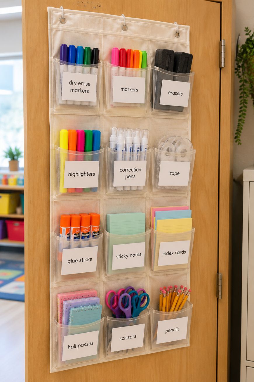 A clear hanging organizer on a door holds labeled supplies: dry erase markers, markers, erasers, highlighters, correction pens, tape, glue sticks, sticky notes, index cards, hall passes, scissors, and pencils.