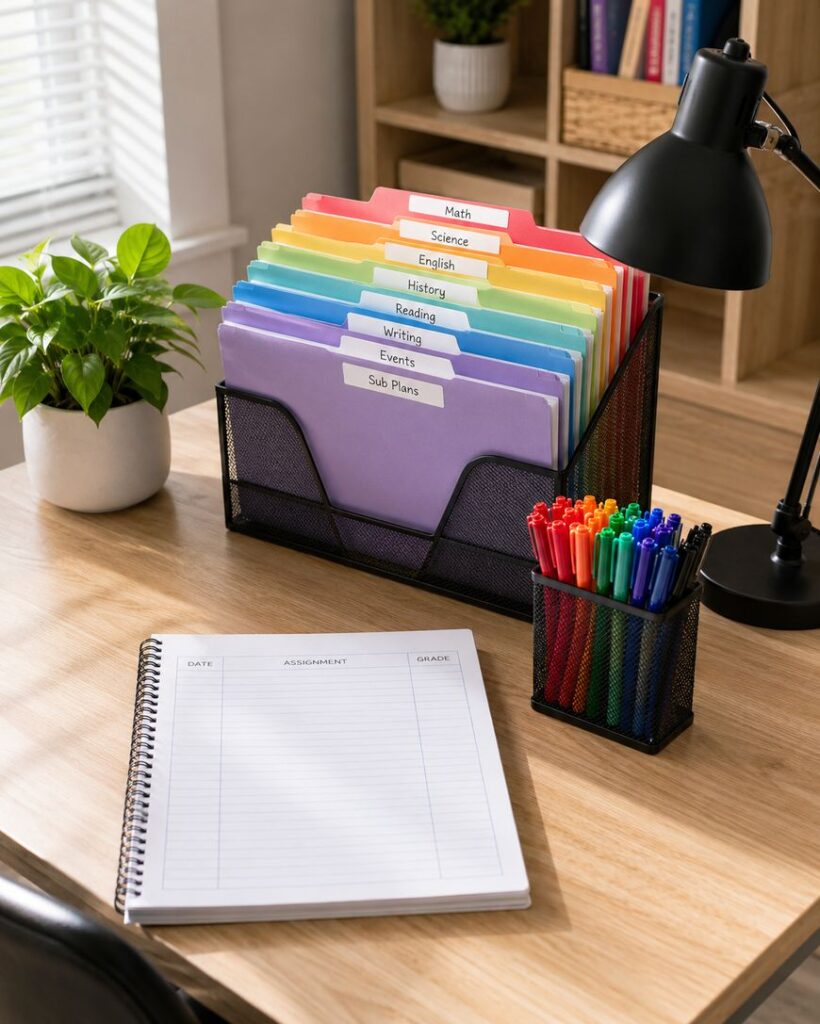 A tidy desk with a wire organizer holding color-coded folders labeled by school subjects, a spiral notebook open to a grade log, a container of colorful pens, a black lamp, and a small potted plant by the window.