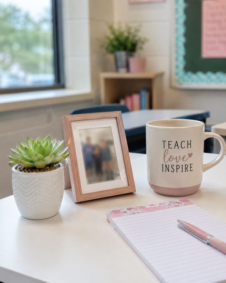 A desk with a potted succulent, a blurred photo in a frame, a mug reading Teach love inspire, a notepad with a floral border, and a pen. A window and bulletin board are visible in the background.