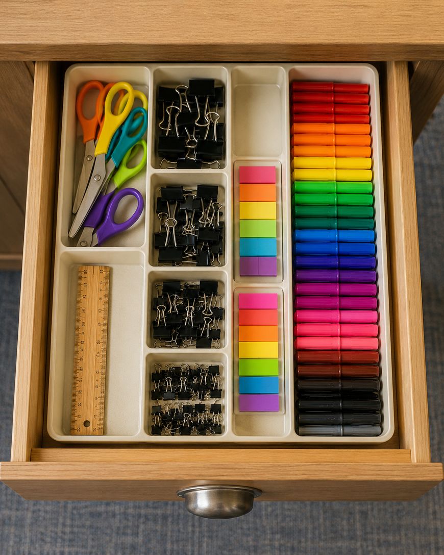 An organized drawer with scissors, binder clips, sticky notes, a wooden ruler, and colorful pens or markers neatly arranged in separate white compartments.