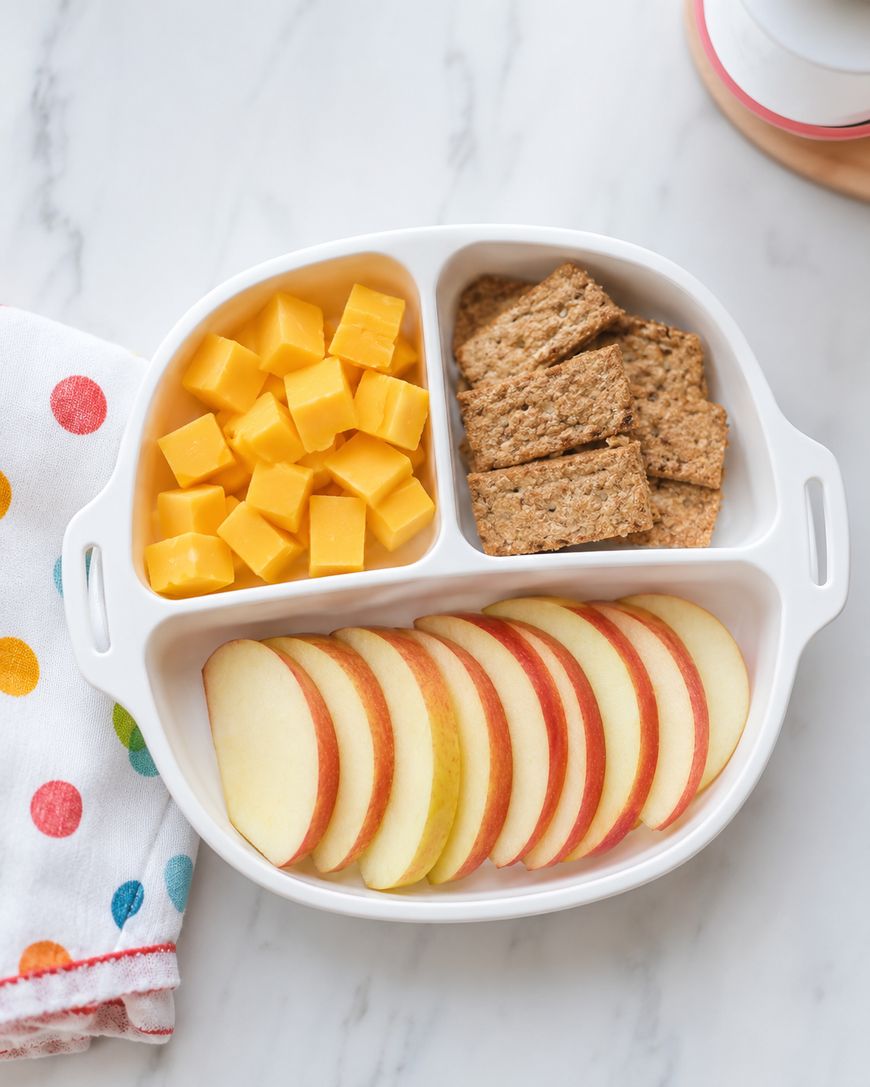 A divided white plate with sections containing cubed cheddar cheese, whole grain crackers, and sliced red apple. A white napkin with colorful polka dots lies beside the plate on a marble surface.