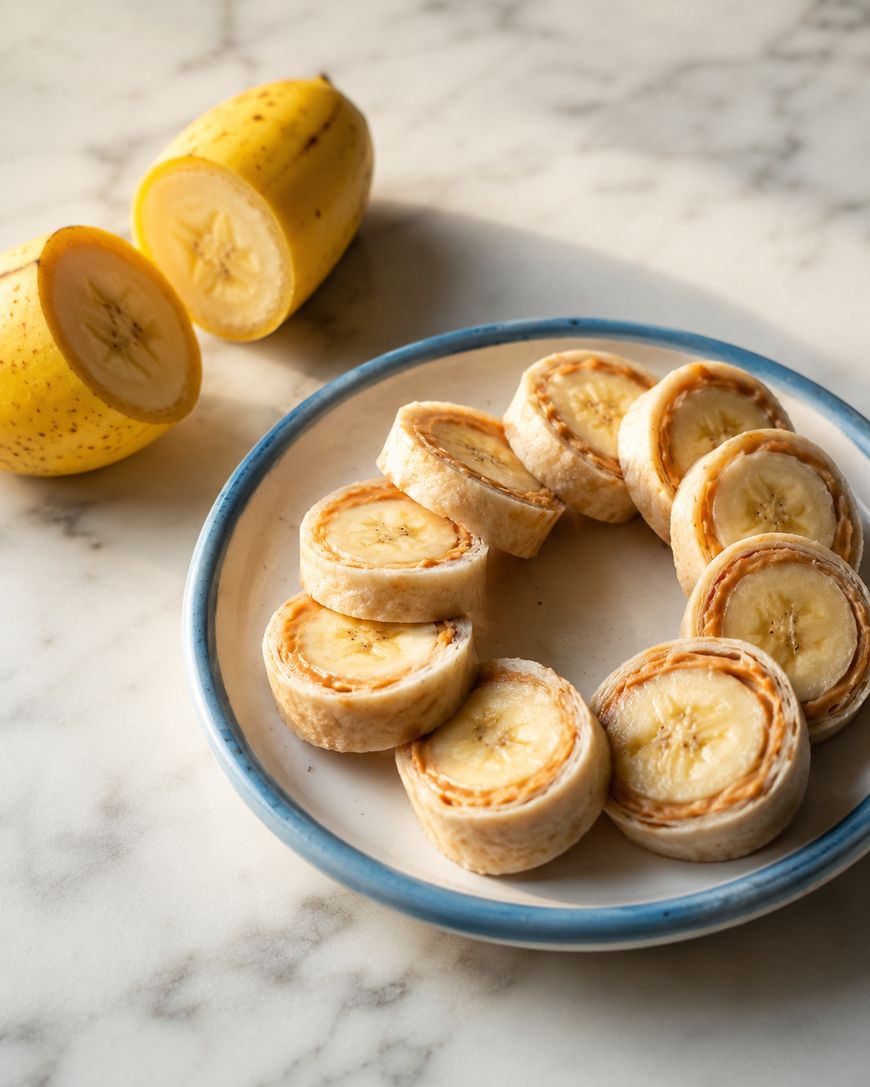 A plate with banana and peanut butter roll-ups arranged in a circle, with a sliced banana placed beside the plate on a marble surface.