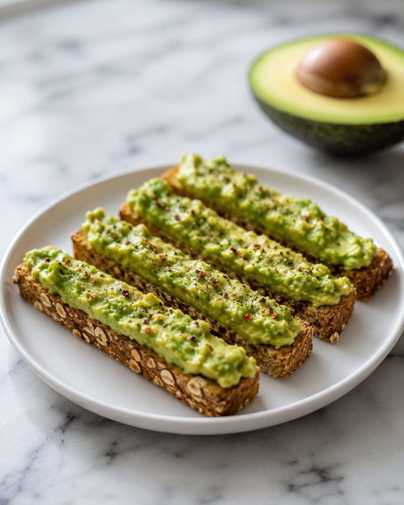 Four slices of multigrain toast topped with mashed avocado and sprinkled with pepper on a white plate; a halved avocado is in the background on a marble surface.