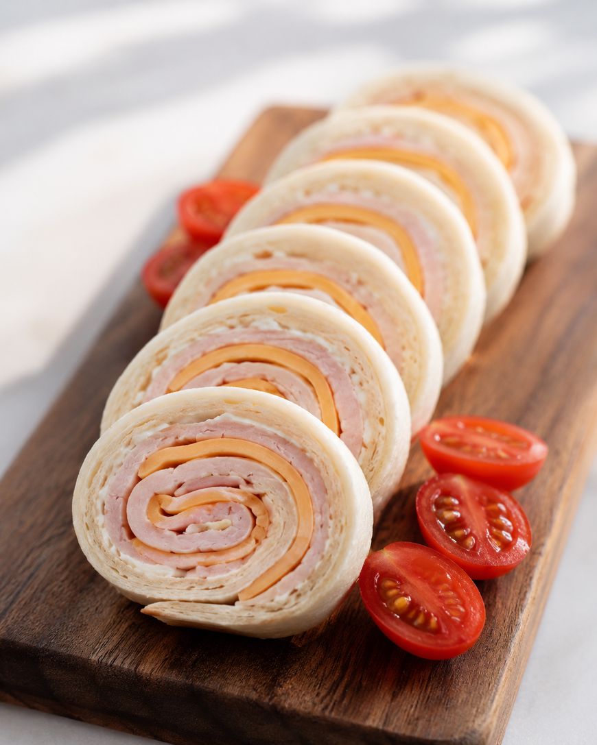 Six tortilla roll-ups filled with layers of ham and cheese are neatly arranged on a wooden board, with sliced cherry tomatoes placed beside them.