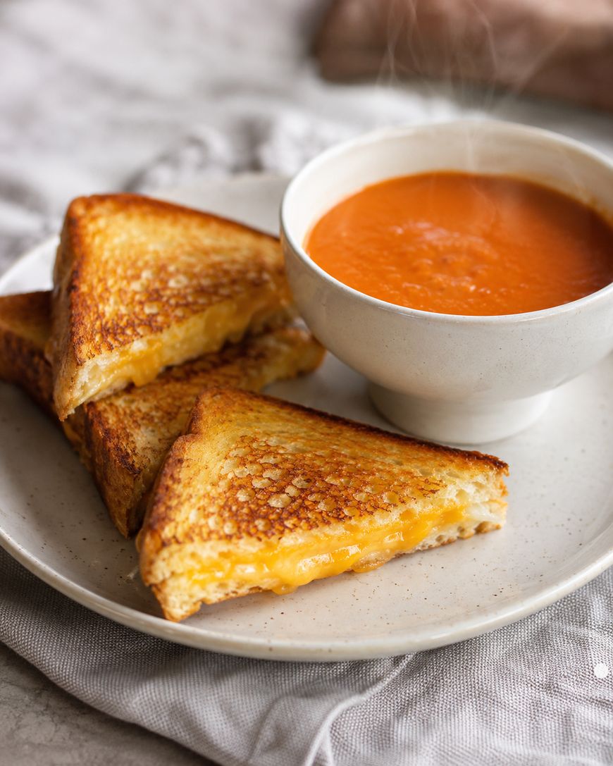 A plate with two halves of grilled cheese sandwich and a steaming bowl of tomato soup on a light-colored tablecloth.