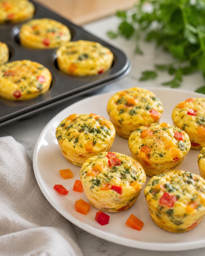 Mini egg muffins with colorful diced vegetables arranged on a white plate, with a muffin tray and herbs in the background. The muffins appear light, fluffy, and garnished with red and yellow pieces.