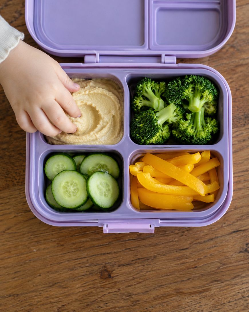 A childs hand dips into hummus in a purple lunchbox with separate sections containing broccoli florets, cucumber slices, and yellow bell pepper strips on a wooden table.