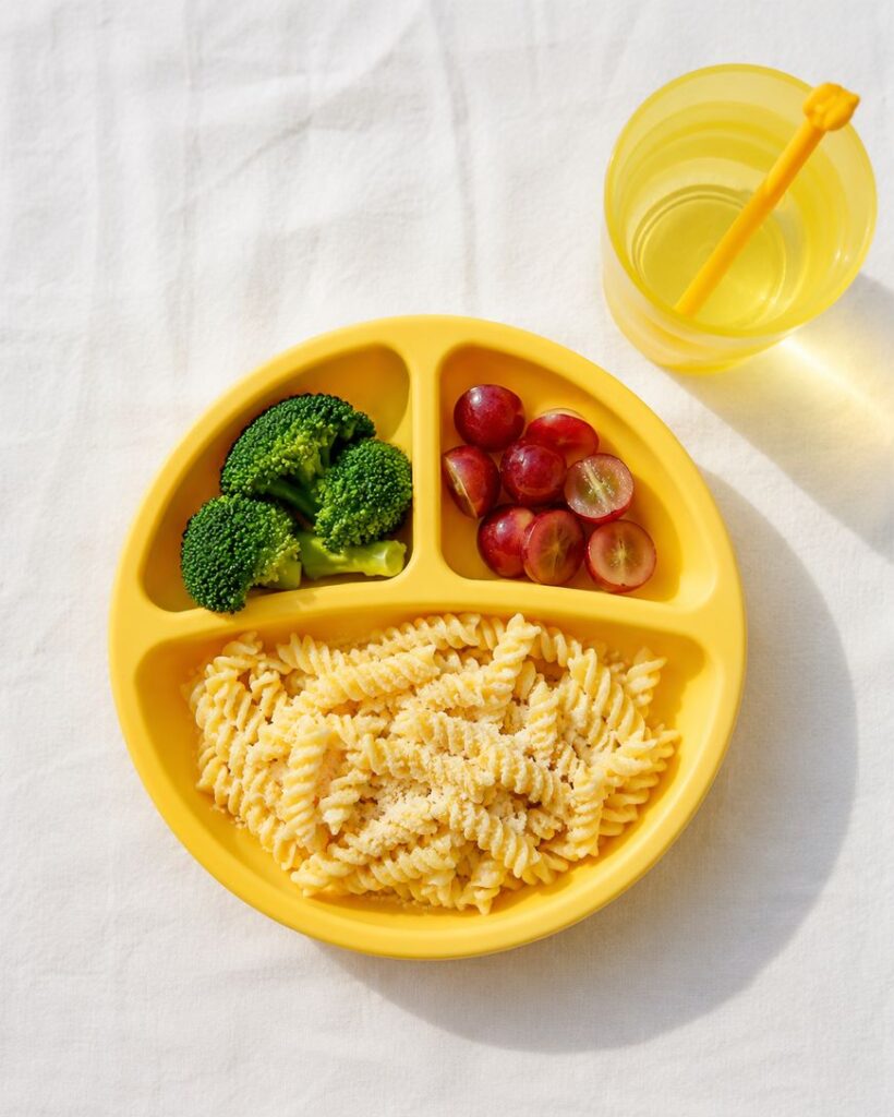 A yellow divided plate with broccoli, halved red grapes, and rotini pasta with grated cheese. Next to it is a yellow cup with a straw and a light yellow drink, all on a white tablecloth.