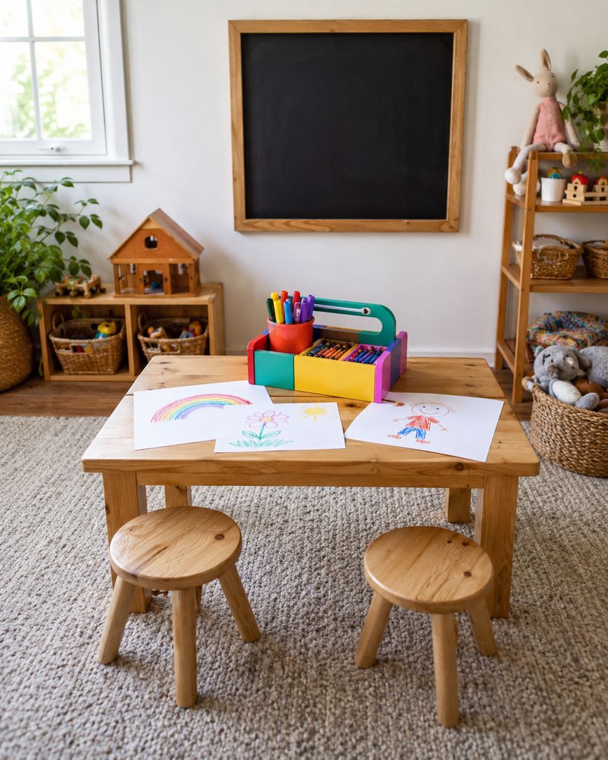 A small wooden table with two stools holds colorful markers, crayons, and childrens drawings. Behind it are a chalkboard, a dollhouse, shelves with toys, plants, and a window, creating a cozy playroom scene.