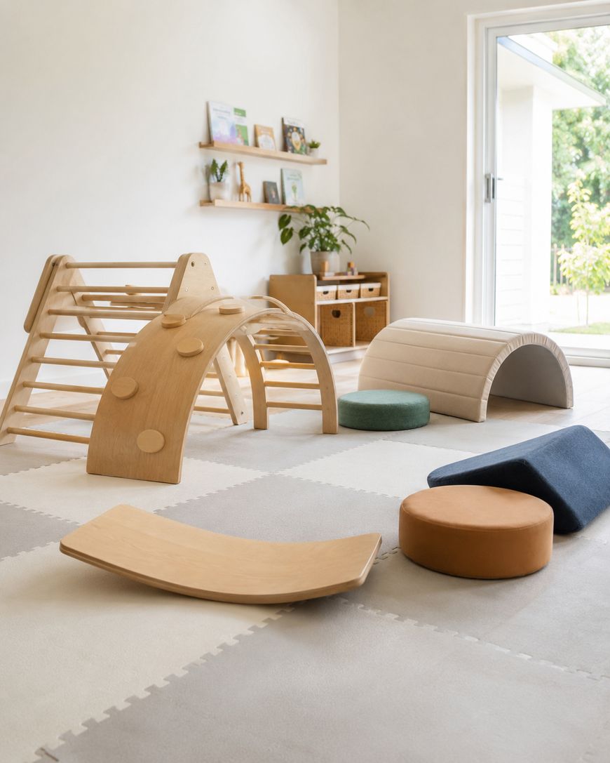 A bright, minimalist playroom with wooden climbing structures, soft round cushions, a balance board, and shelves with books and plants, all set on foam play mats near a large window with a garden view.