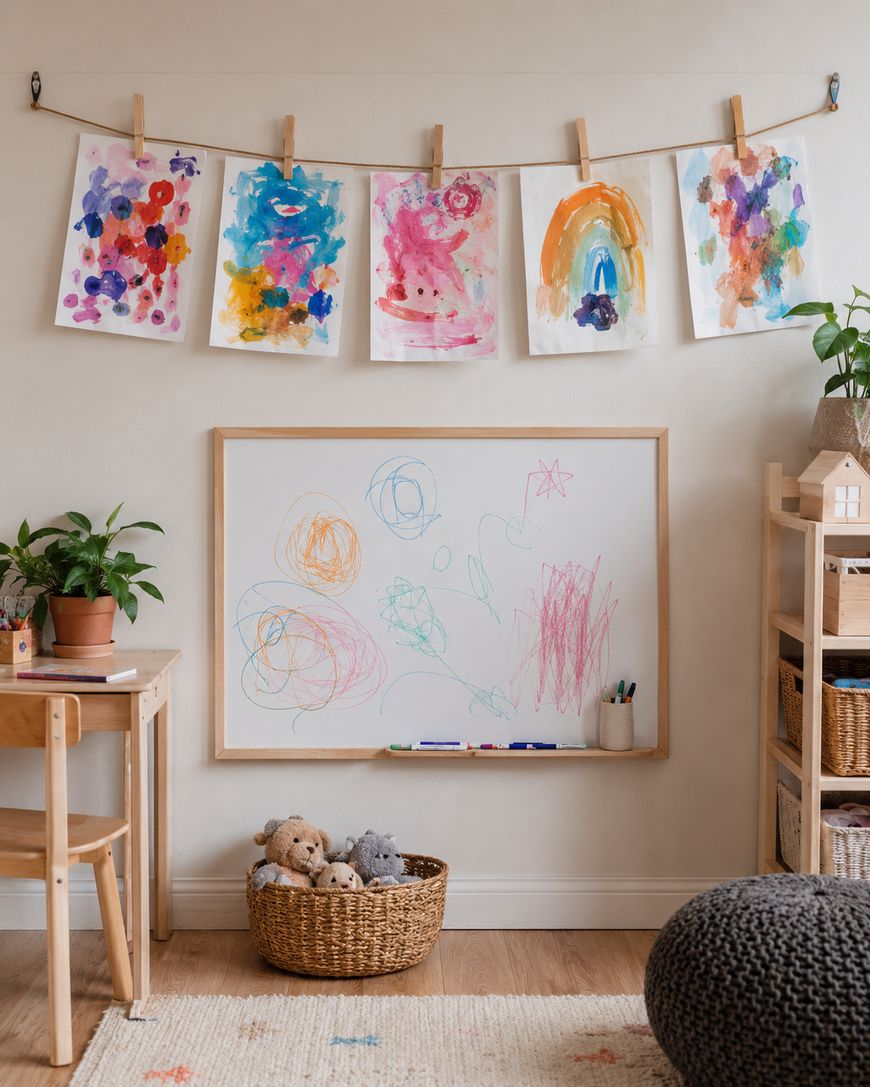 A cozy kids’ art corner with colorful paintings hanging on a string above a whiteboard covered in marker scribbles, a wooden desk with a plant, a basket of plush toys, and shelves with books and baskets.