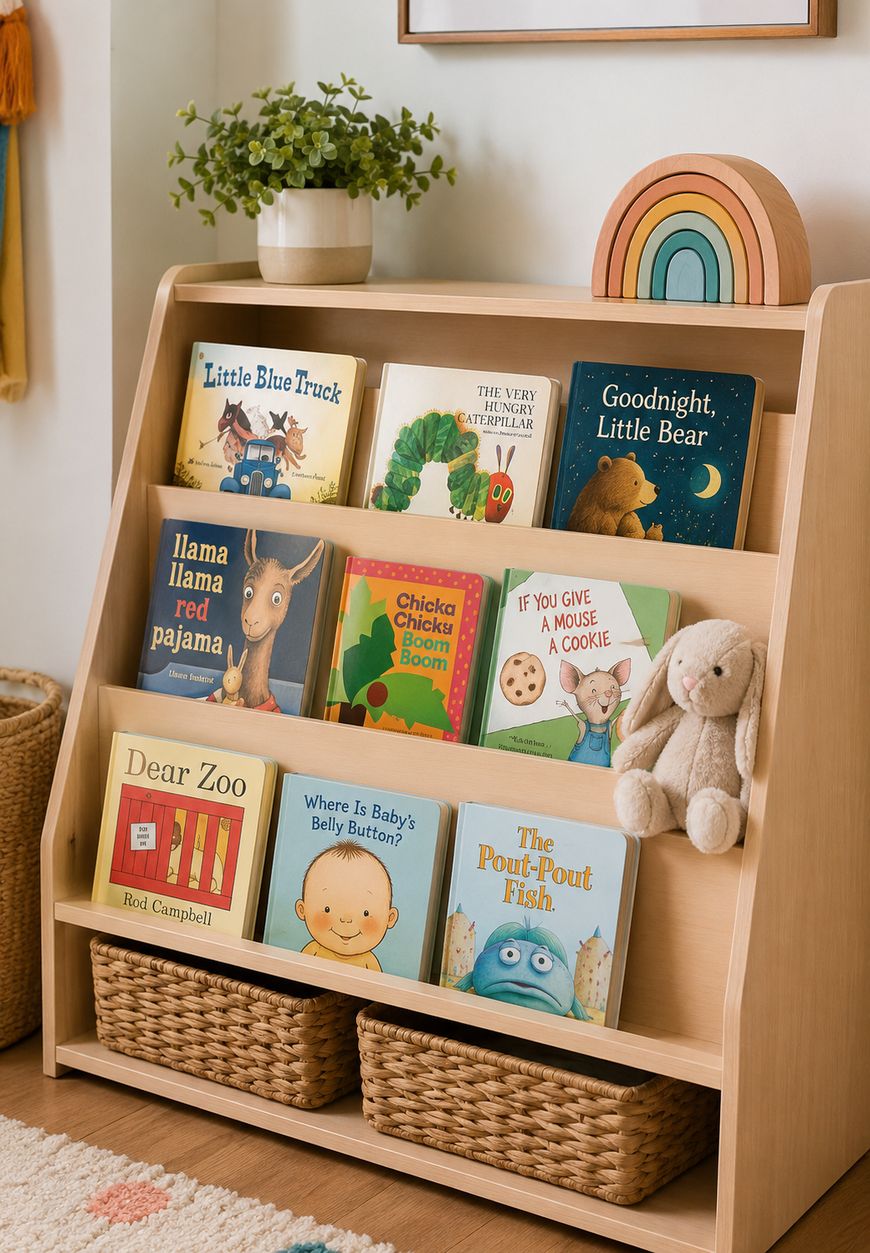 A wooden bookshelf displays colorful childrens books, a plush bunny, and a rainbow decor on top. Two woven baskets are placed on the bottom shelf. The setting appears cozy and inviting for kids.
