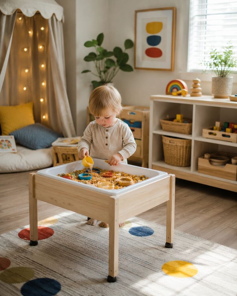 A young child plays with sensory sand at a wooden table in a bright, cozy playroom decorated with toys, books, and colorful accents. A canopy reading nook with string lights and pillows is visible in the background.